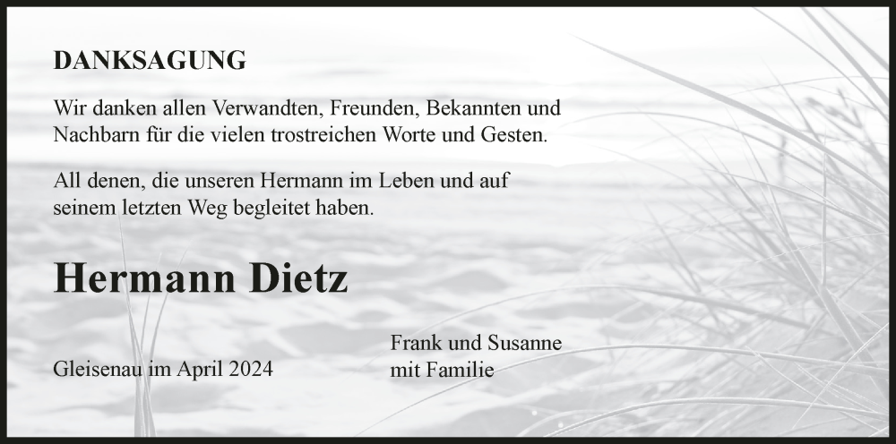  Traueranzeige für Hermann Dietz vom 20.04.2024 aus MGO