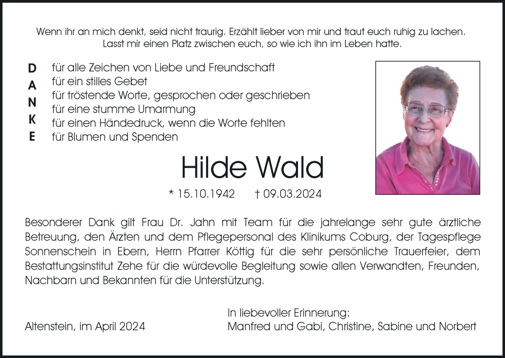  Traueranzeige für Hilde Wald vom 22.04.2024 aus MGO