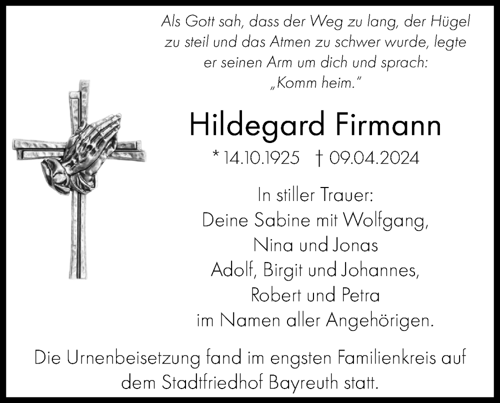  Traueranzeige für Hildegard Firmann vom 27.04.2024 aus MGO