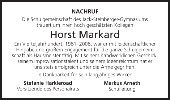 Anzeige von Horst Markard von MGO