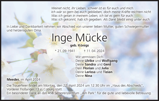 Anzeige von Inge Mücke von MGO