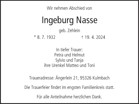 Anzeige von Ingeburg Nasse von MGO