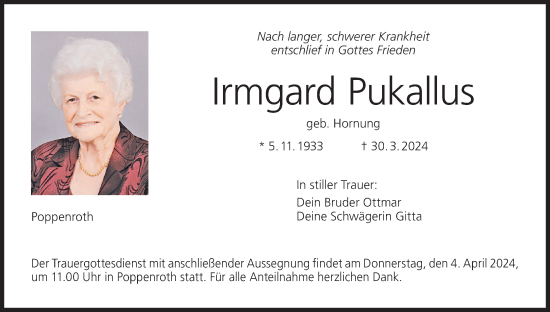 Anzeige von Irmgard Pukallus von MGO