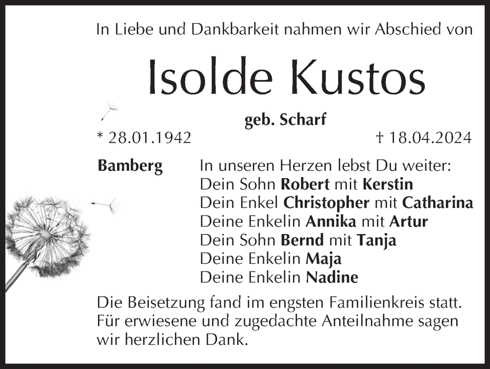  Traueranzeige für Isolde Kustos vom 27.04.2024 aus MGO