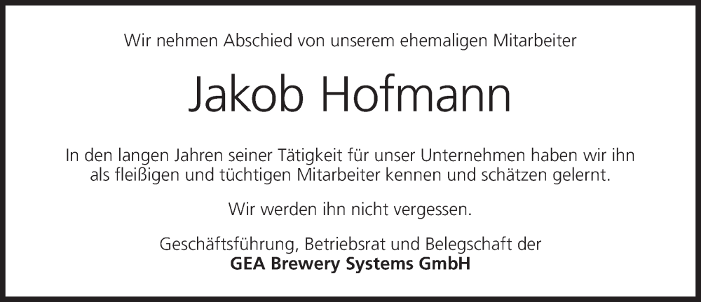  Traueranzeige für Jakob Hofmann vom 11.04.2024 aus MGO