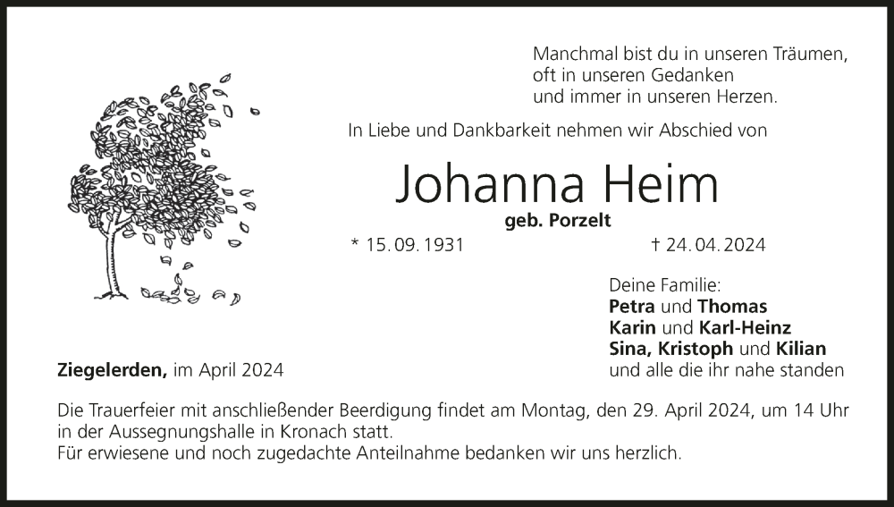  Traueranzeige für Johanna Heim vom 27.04.2024 aus MGO