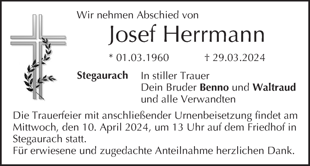  Traueranzeige für Josef Herrmann vom 06.04.2024 aus MGO