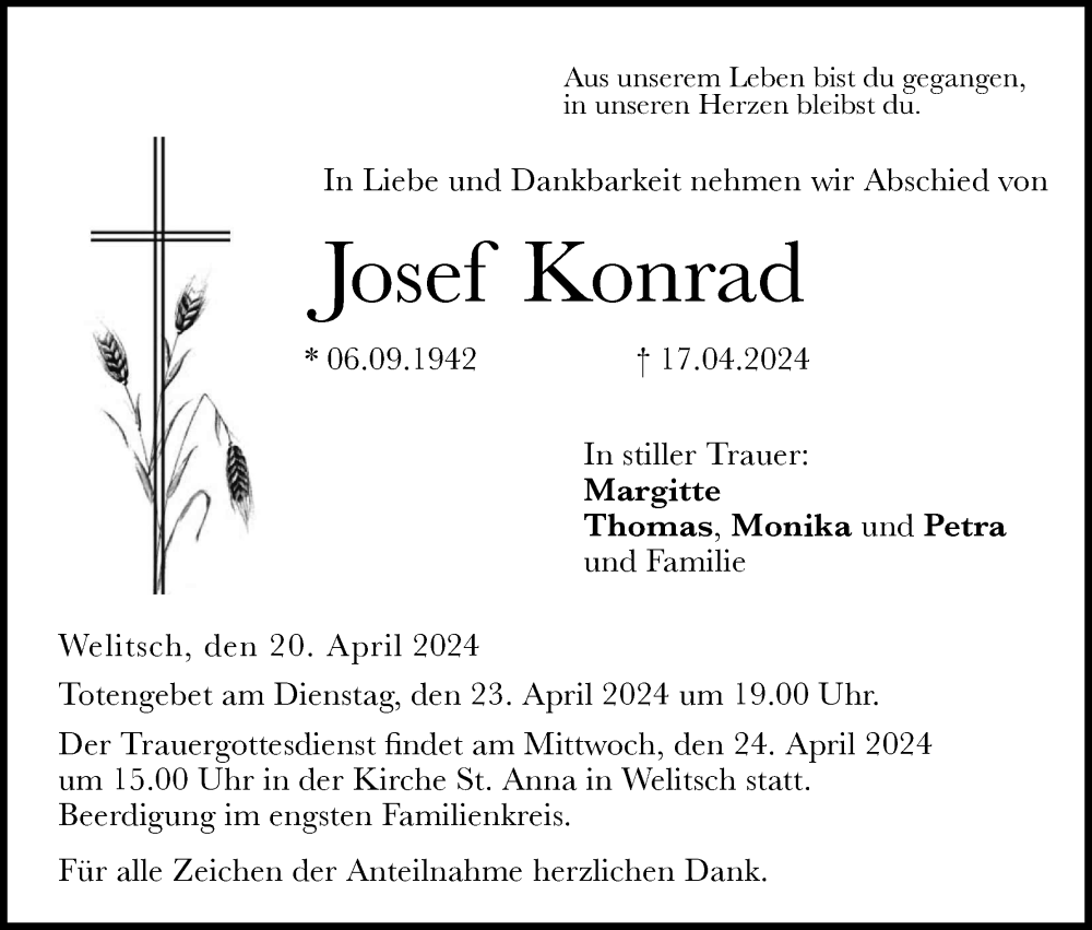  Traueranzeige für Josef Konrad vom 20.04.2024 aus MGO