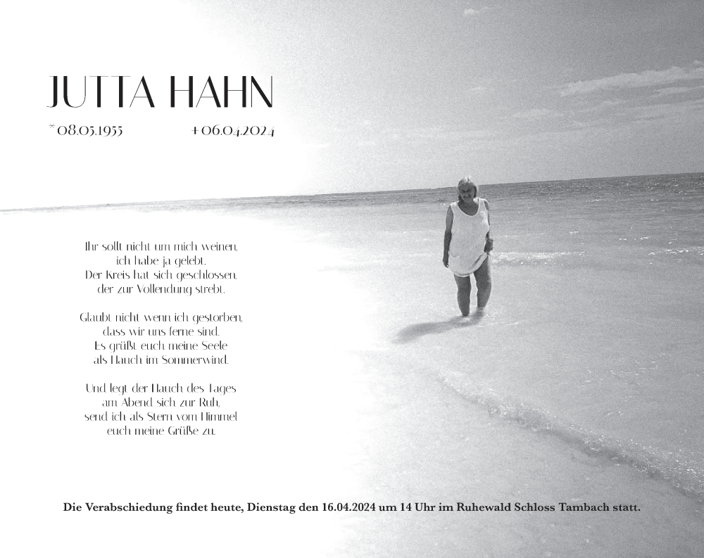  Traueranzeige für Jutta Hahn vom 16.04.2024 aus MGO