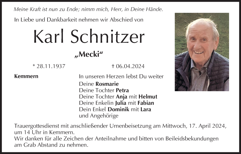  Traueranzeige für Karl Schnitzer vom 13.04.2024 aus MGO