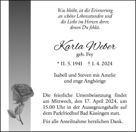 Anzeige von Karla Weber von MGO