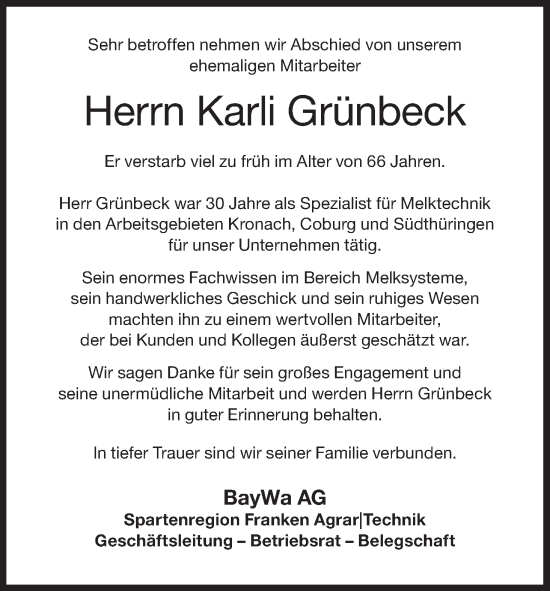 Anzeige von Karli Grünbeck von MGO