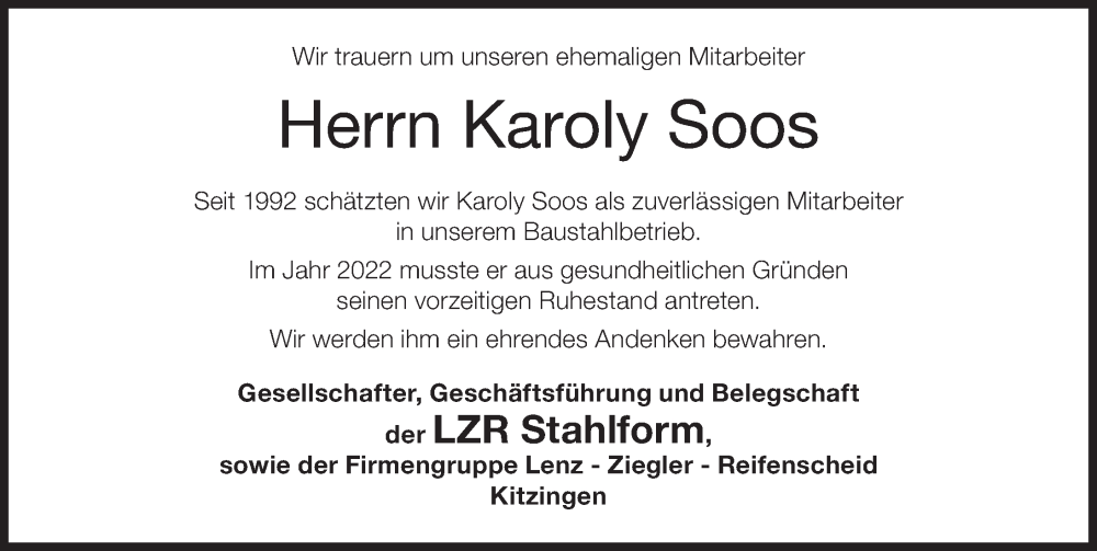  Traueranzeige für Karoly Soos vom 10.04.2024 aus MGO
