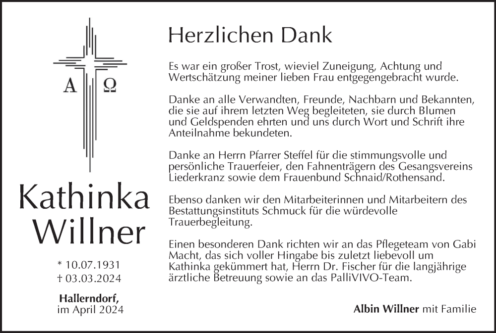  Traueranzeige für Kathinka Wsillner vom 13.04.2024 aus MGO