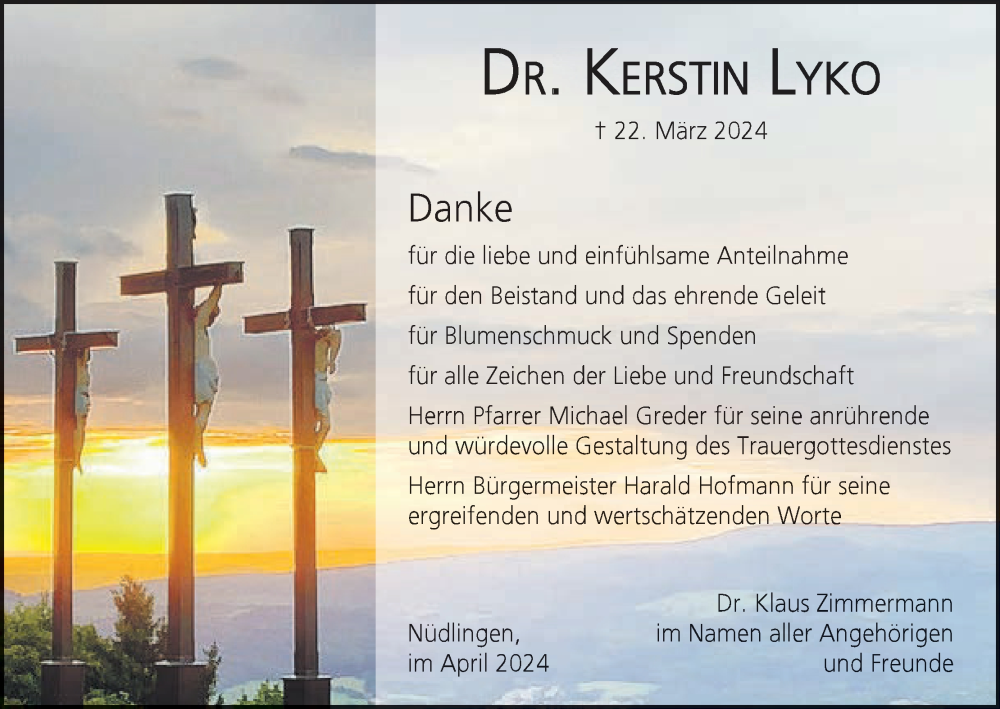  Traueranzeige für Kerstin Lyko vom 27.04.2024 aus MGO