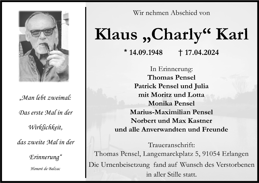  Traueranzeige für Klaus Karl vom 29.04.2024 aus MGO