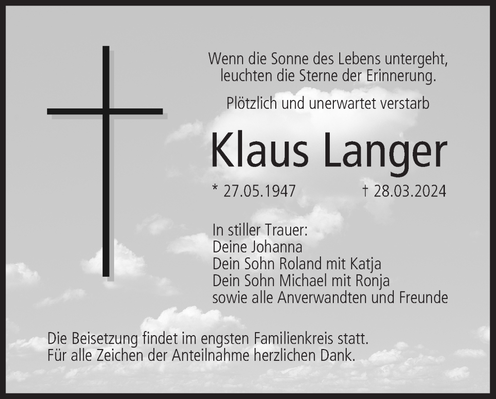 Traueranzeige für Klaus Langer vom 27.04.2024 aus MGO