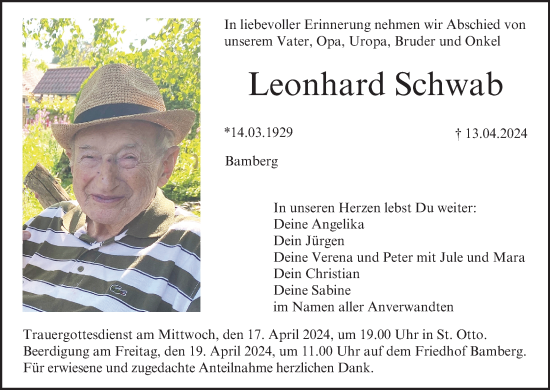 Anzeige von Leonhard Schwab von MGO