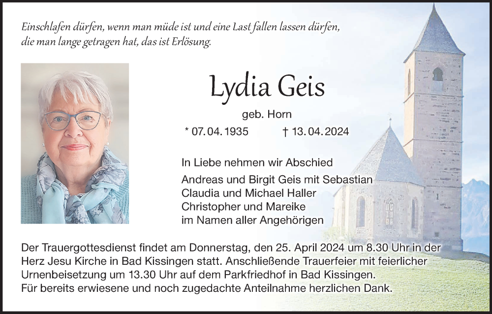  Traueranzeige für Lydia Geis vom 20.04.2024 aus MGO