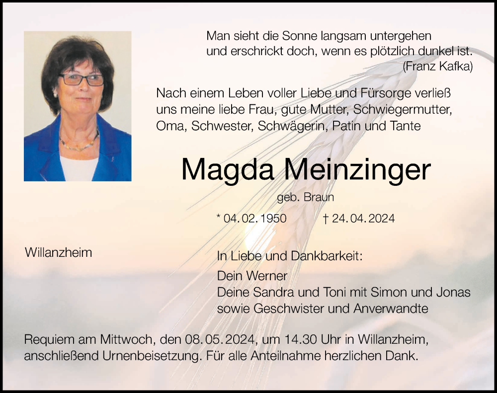  Traueranzeige für Magda Meinzinger vom 27.04.2024 aus MGO