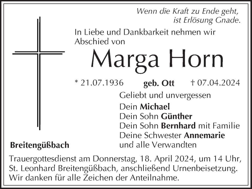  Traueranzeige für Marga Horn vom 13.04.2024 aus MGO