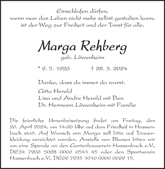 Anzeige von Marga Rehberg von MGO