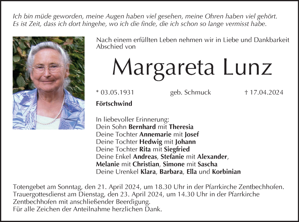  Traueranzeige für Margareta Lunz vom 20.04.2024 aus MGO