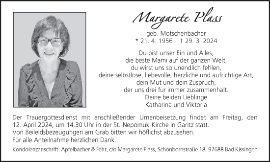 Anzeige von Margarete Plass von MGO