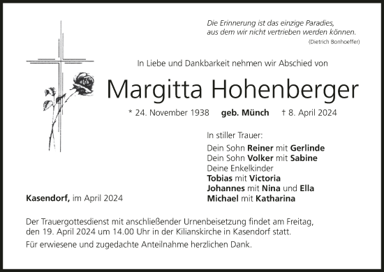 Anzeige von Margitta Hohenberger von MGO