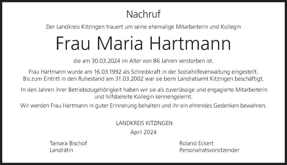  Traueranzeige für Maria Hartmann vom 13.04.2024 aus MGO