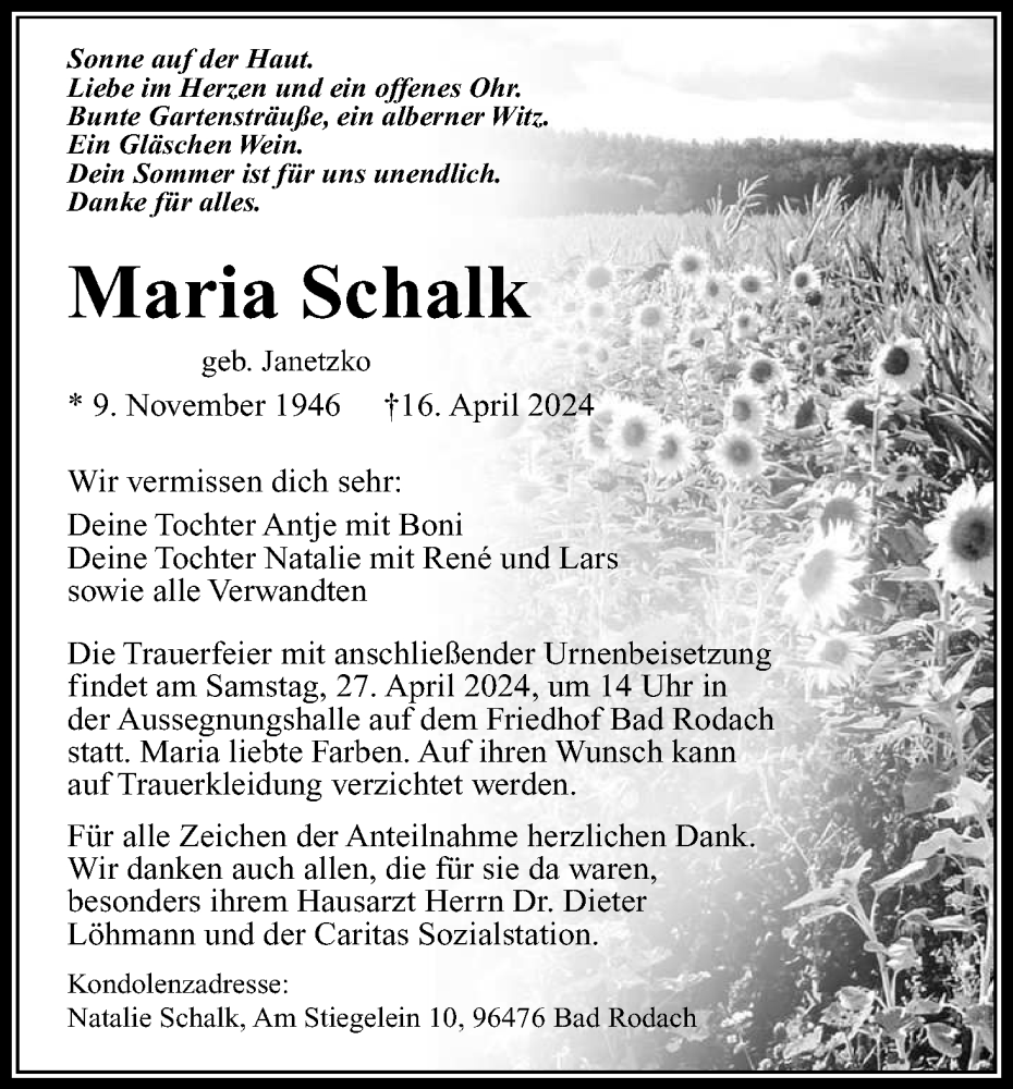  Traueranzeige für Maria Schalk vom 20.04.2024 aus MGO