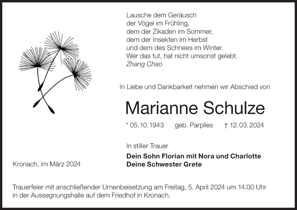  Traueranzeige für Marianne Schulze vom 02.04.2024 aus MGO