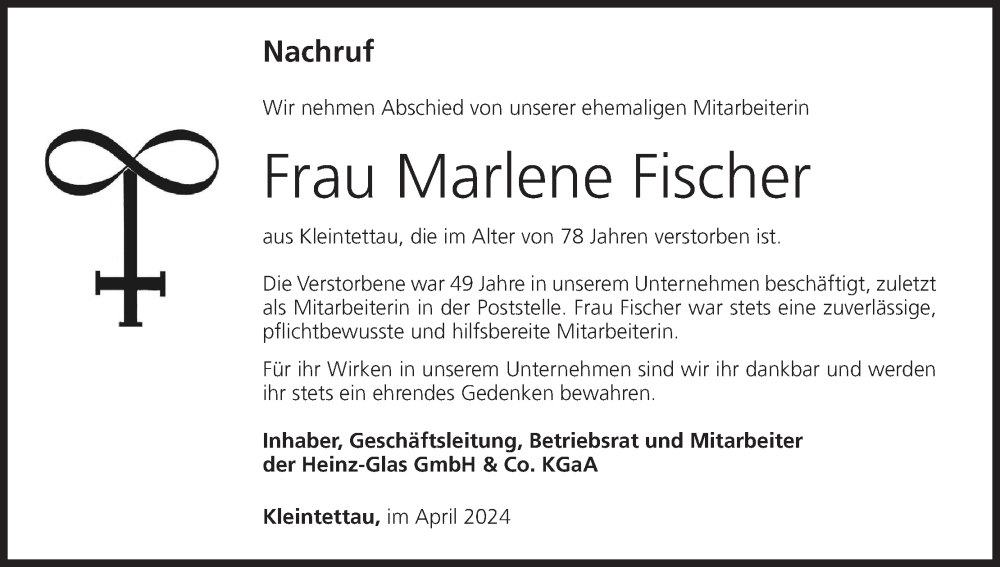  Traueranzeige für Marlene Fischer vom 06.04.2024 aus MGO