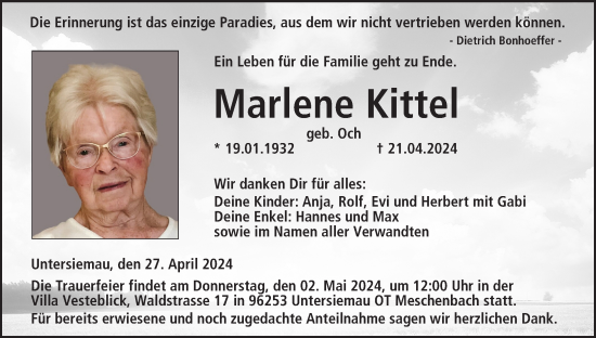 Anzeige von Marlene Kittel von MGO