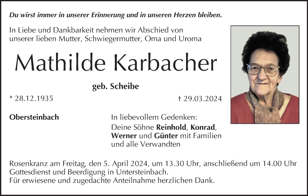  Traueranzeige für Mathilde Karbacher vom 03.04.2024 aus MGO
