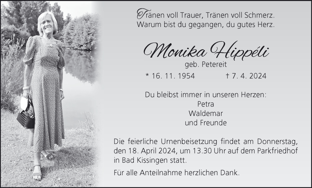  Traueranzeige für Monika Hippeli vom 13.04.2024 aus MGO