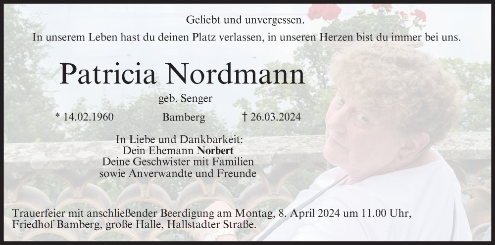  Traueranzeige für Patricia Nordmann vom 06.04.2024 aus MGO