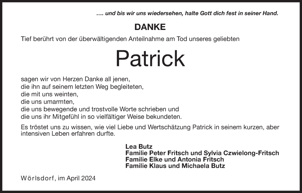  Traueranzeige für Patrick  vom 06.04.2024 aus MGO