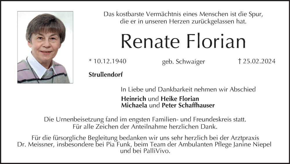  Traueranzeige für Renate Florian vom 13.04.2024 aus MGO