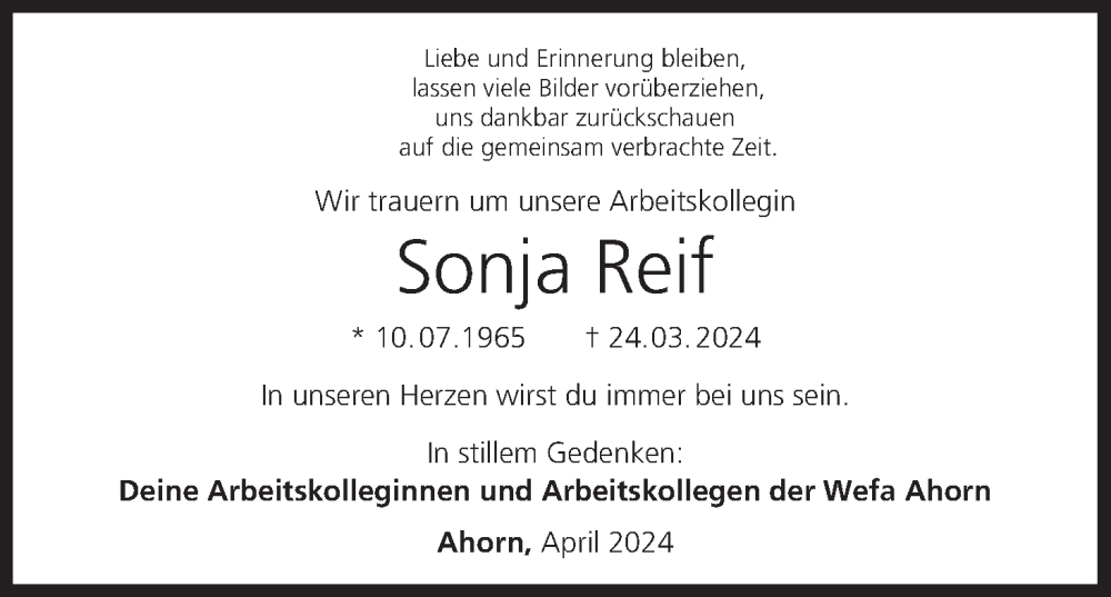  Traueranzeige für Sonja Reif vom 11.04.2024 aus MGO
