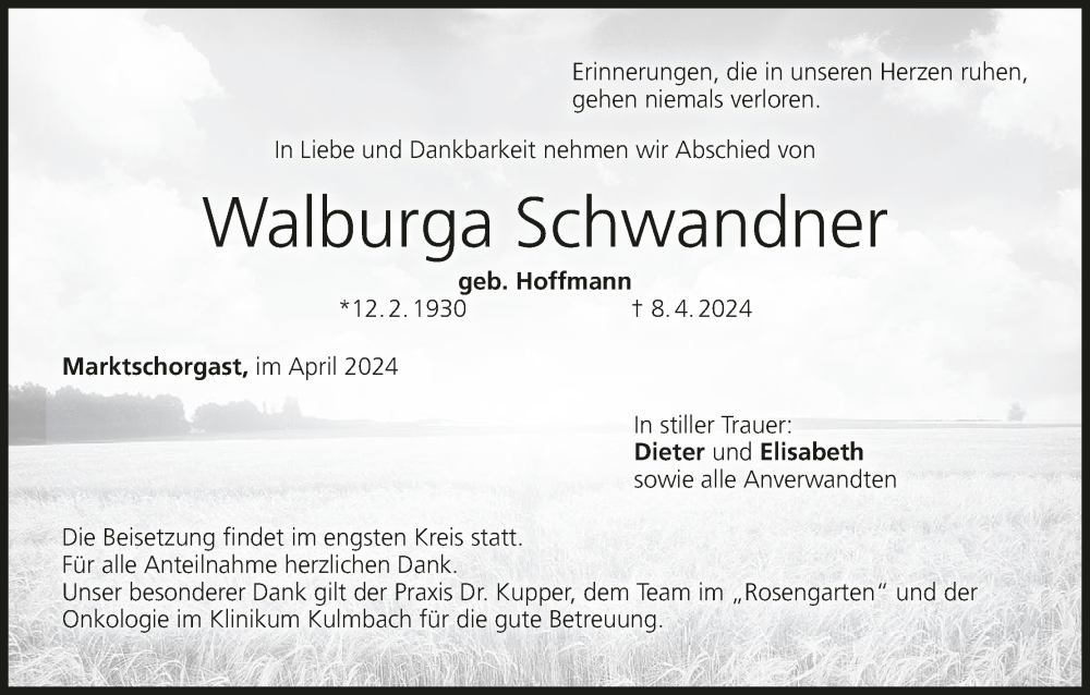  Traueranzeige für Walburga Schwandner vom 13.04.2024 aus MGO