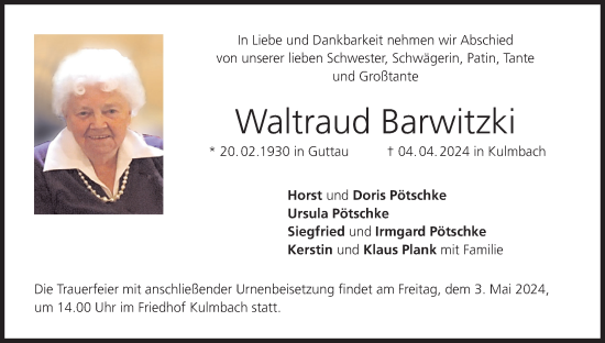 Anzeige von Waltraud Barwitzki von MGO