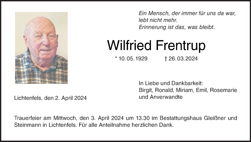 Traueranzeige für Wilfried Frentrup vom 02.04.2024 aus MGO