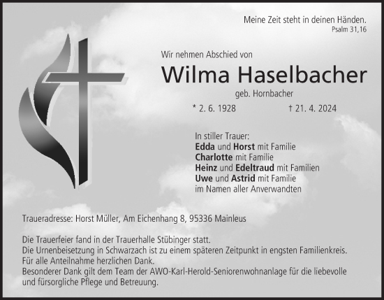 Anzeige von Wilma Haselbacher von MGO