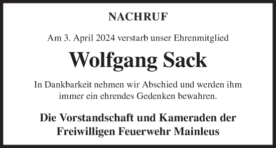 Anzeige von Wolfgang Sack von MGO