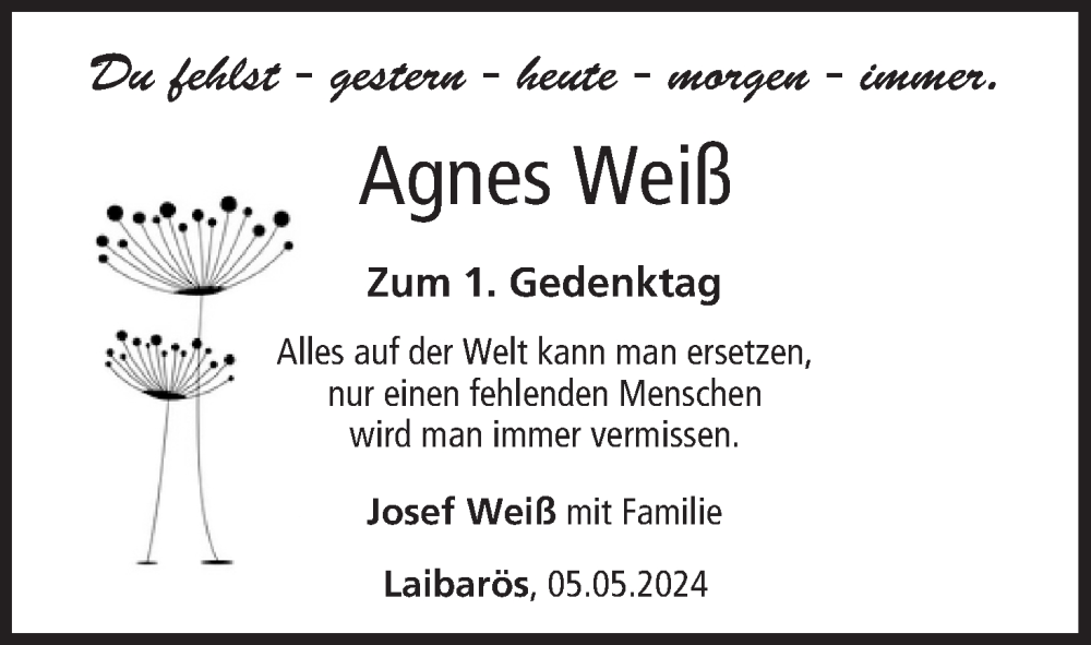  Traueranzeige für Agnes Weiß vom 04.05.2024 aus MGO