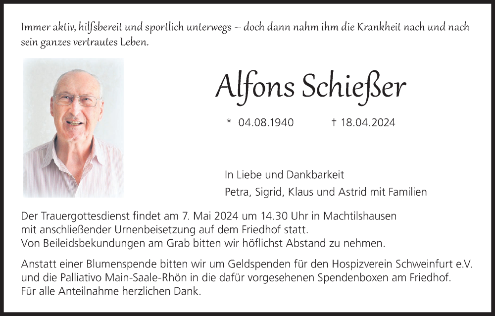  Traueranzeige für Alfons Schießer vom 04.05.2024 aus MGO