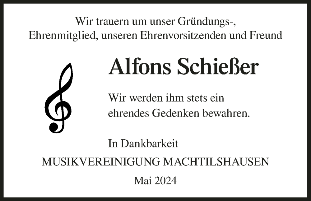  Traueranzeige für Alfons Schießer vom 04.05.2024 aus MGO