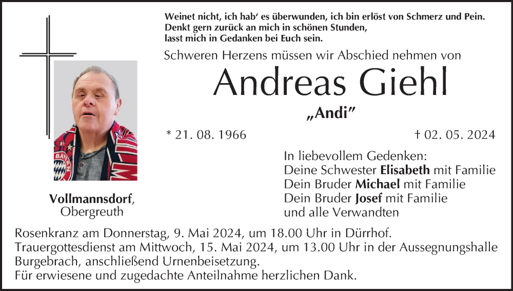  Traueranzeige für Andreas Giehl vom 04.05.2024 aus MGO