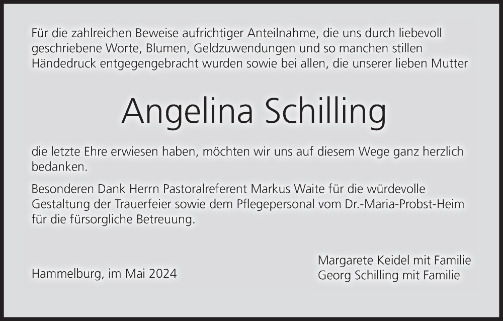  Traueranzeige für Angelina Schilling vom 18.05.2024 aus MGO